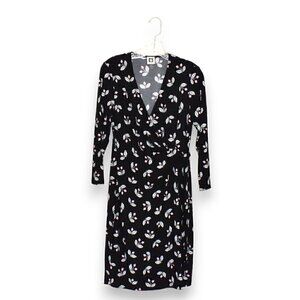 Anne Klein 3/4 Sleeve Faux Wrap Black Floral Dress Size 8